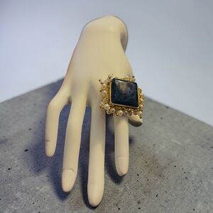 Sassy Jones Gold-tone Faux Pearl Adjustable Square Stone Statement Ring
